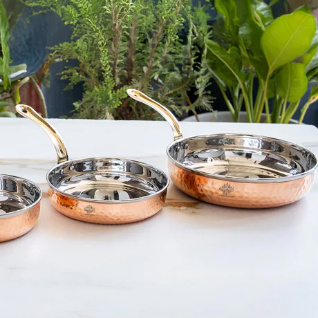 Steel Copper Frying pan Platter with Brass Handle