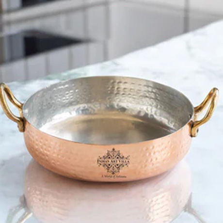 Pure Copper Round Dish Pan With Tin Lining & Brass Handle